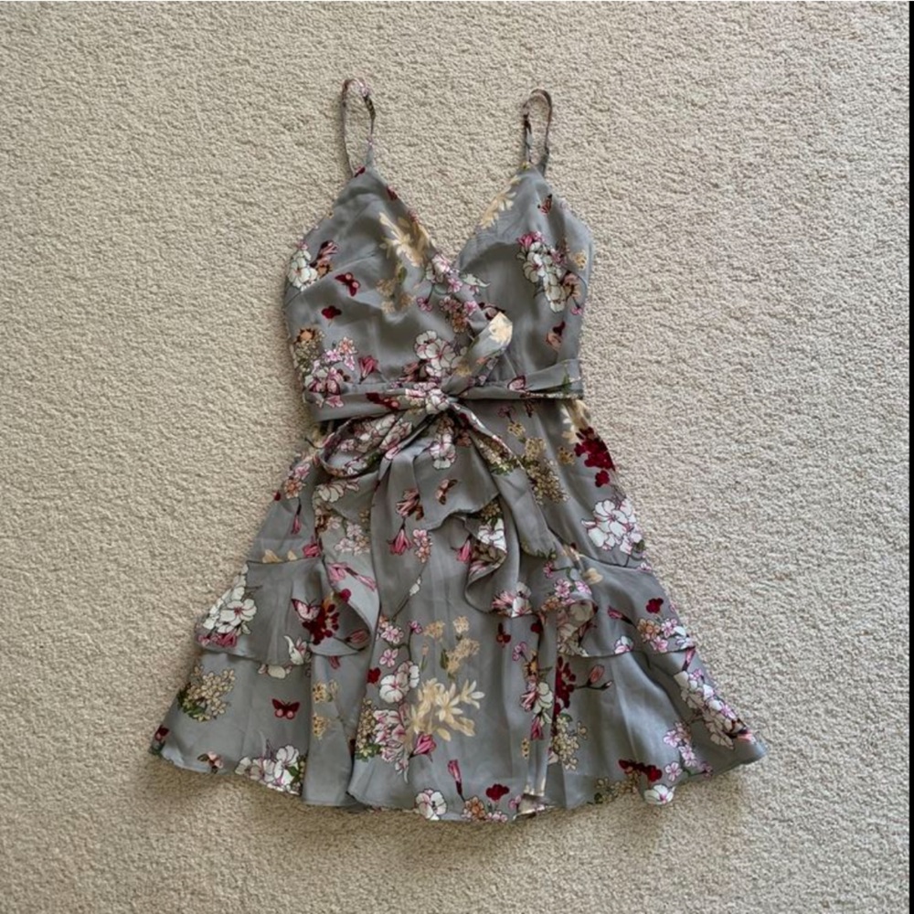 Layered Ruffle Cami Strap Dress in Grey Floral print from Hello Molly